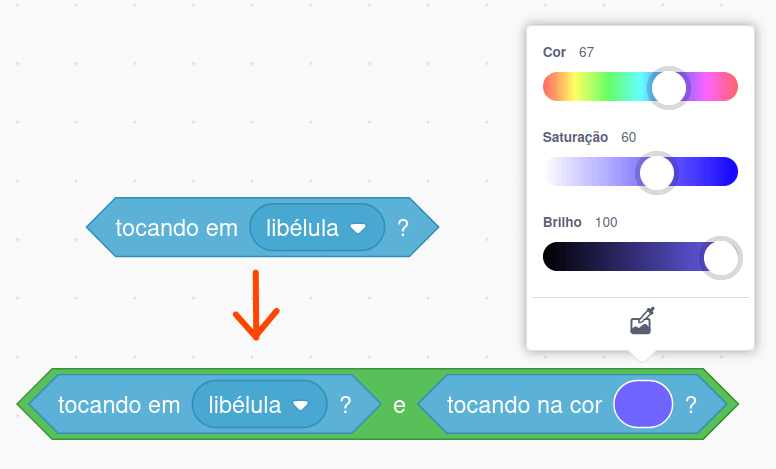 Substituição do operador Tocando em Libélula por sua combinação com 'tocando na cor' no operador 'e'