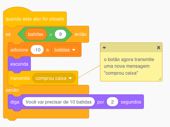Código do botão da caixa transmitindo a mensagem de compra da caixa