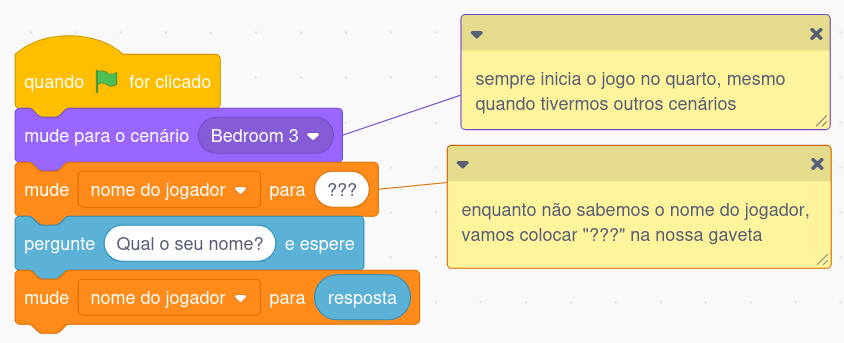 Código do cenário com as preparações de início