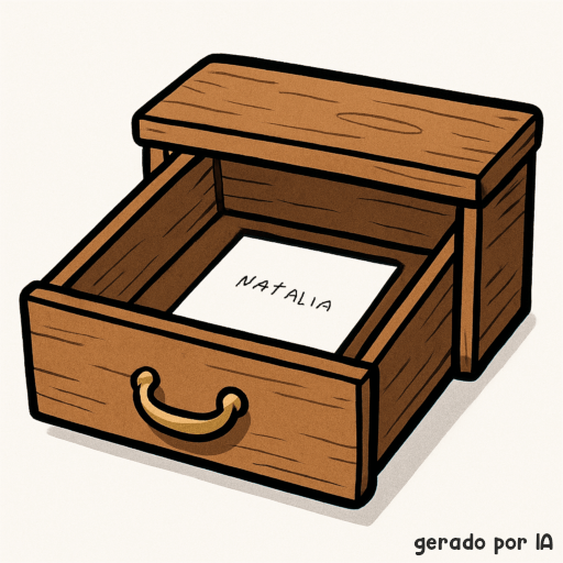 A gaveta com seu papel em branco contendo o nome Natalia