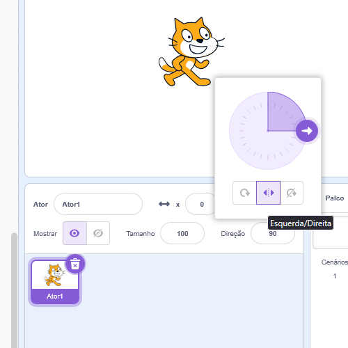 Captura de tela do Scratch evidenciando o controle de direção no painel de atores, do lado direito