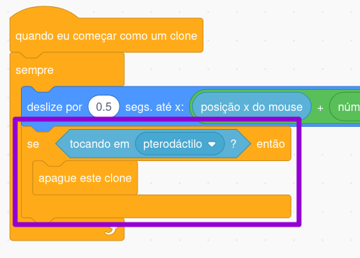 Código da pomba de remover o clone ao encostar no pterodactilo