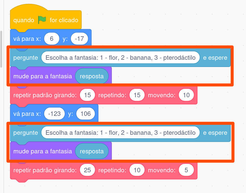 perguntas pro jogador qual é a fantasia antes de desenhar o padrão