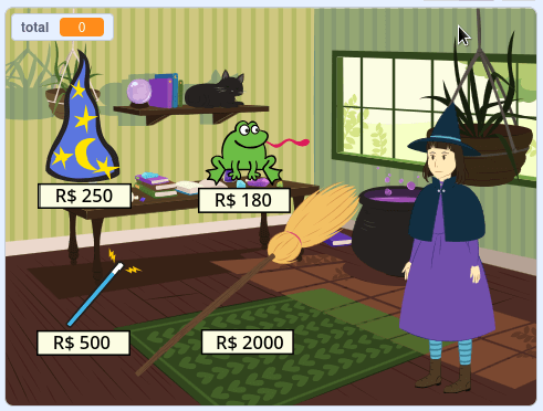 Jogo com cenário, vendedor e produtos com preços listados
